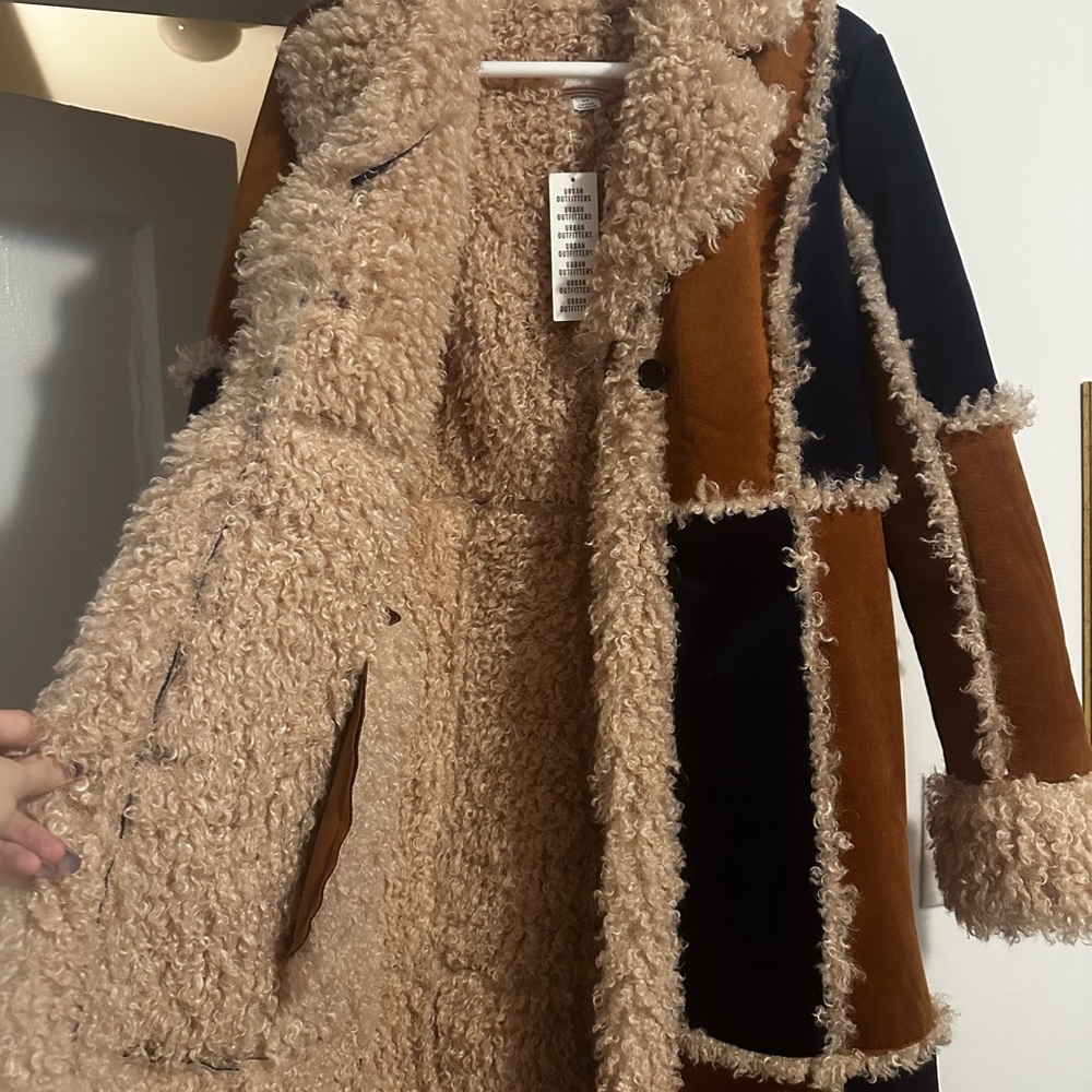 UO Patchwork Penny Lane Faux Shearling Long Coat Size Medium - Picture 3 of 5
